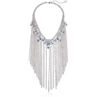 GUESS Womens Dramatic Stone Cluster and Fringe Chain Statement Necklace