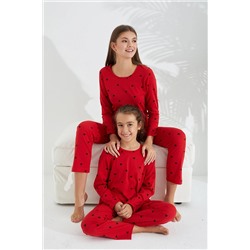 Siyah İnci Kırmızı Pamuklu Pijama Takımı 7613