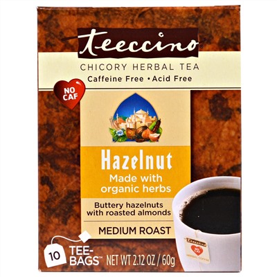 Teeccino, Травяной кофейный напиток, средней степени обжарки, без кофеина, фундук, 10 Т-пакетиков, 2,12 унции (60 г)