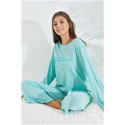 Siyah İnci Mint Yeşili Soft Touch Ince Örme %100 Cotton Nakışlı Pijama Takımı 7690