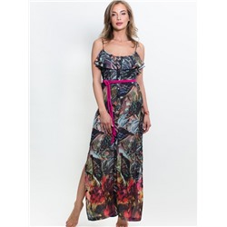 Платье длинное на пуговицах с поясом "Тропические цветы" PENYE MOOD