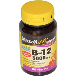 Mason Naturals, Витамин B-12, малиновый ароматизатор, 5000 мкг, 30 подъязычных таблеток