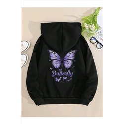 ModaMaine Kadın Mor Butterfly Sırt Baskılı Siyah Kapşonlu Sweatshirt MMBUTTREFLYSWEAT1