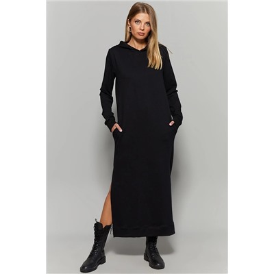Cool & Sexy Kadın Siyah Yırtmaçlı Kapüşonlu Maxi Elbise EY1111