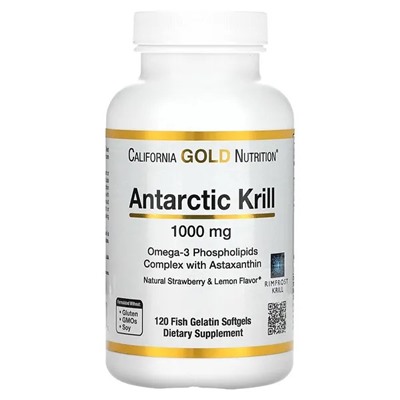 California Gold Nutrition, Antarctic Krill Oil, Omega-3 Phospholipids Complex with Astaxanthin, Natural Strawberry and Lemon Flavor, 1,000 mg, 120 Softgels
