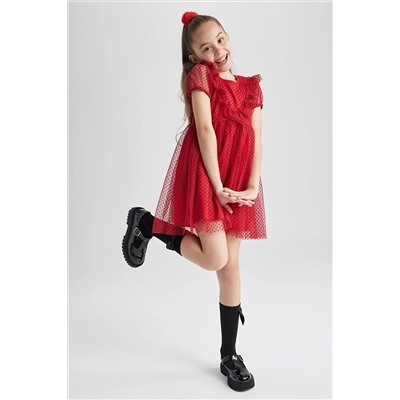 Defacto Kız Çocuk Kırmızı Kısa Kollu Tül Elbise X3769A622SM
