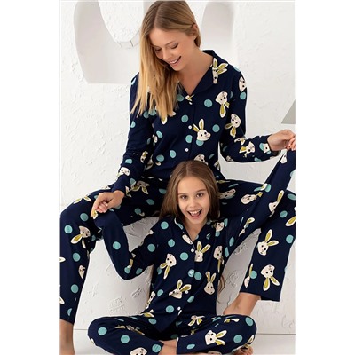 Siyah İnci Lacivert Pamuklu Düğmeli Pijama Takım 7588