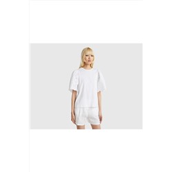 United Colors of Benetton Kadın Beyaz Kolları İşlemeli T-Shirt Beyaz 123P3PQYD103R