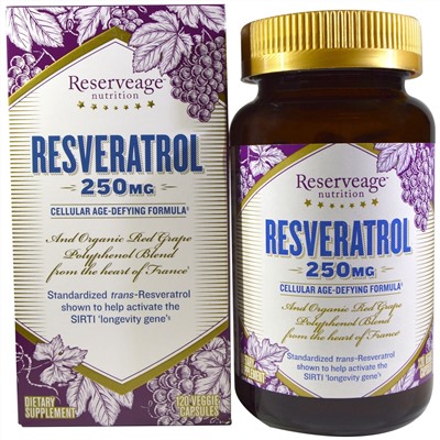 ReserveAge Nutrition, Ресвератрол, формула против клеточного старения, 250 мг, 120 вегетарианских капсул