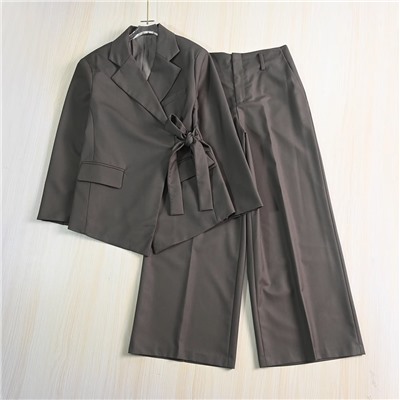 Женский модный костюм из высококачественной ткани, состоящий из жакета на запахе и широких брюк с высокой талией. Экспорт