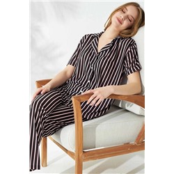 Siyah İnci Siyah Beyaz Çizgi Desenli Örme Düğmeli Pijama Takımı 7644
