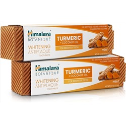 Himalaya Botanique Turmeric & Coconut Oil Whitening Antiplaque Herbal Toothpaste, Whitens Teeth, Fluoride Free, No Artificial Flavors, SLS Free, Vegan, Cruelty Free, Foaming, Mint Flavor, 4 Oz, 2 Pack