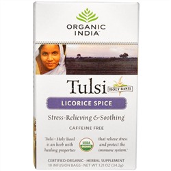 Organic India, Чай с базиликом Holy Basil, без кофеина, пряная солодка, 18 пакетиков для заваривания, 1,21 унции (34,2 г)