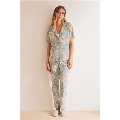 Pijama camisero 100% algodón flores azul