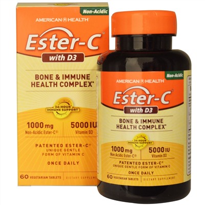 American Health, Эстер-C с D3, оздоровительный комплекс для костей и иммунитета, 1000 мг/5000 МЕ, 60 вегетарианских таблеток