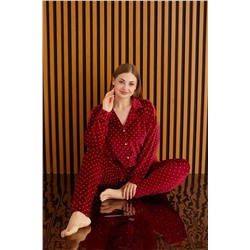 Meba Kadın Büyük Beden Önden Düğmeli Fransız Kadife Kırmızı Pijama Takımı -3 PJMN-7150