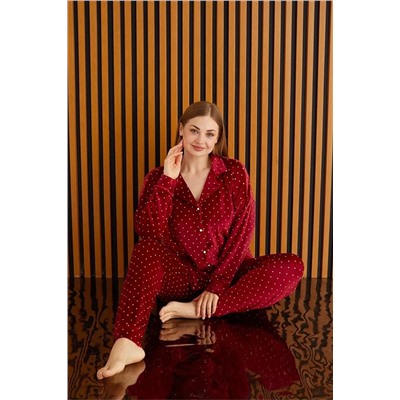 Meba Kadın Büyük Beden Önden Düğmeli Fransız Kadife Kırmızı Pijama Takımı -3 PJMN-7150