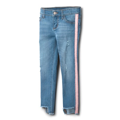 Girls Side Stripe Step Hem Distressed Denim Jeans