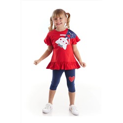 Denokids Yaramaz Kedi Kalpli Kız Çocuk Kırmızı T-shirt Lacivert Tayt Takım CFF-22Y1-055