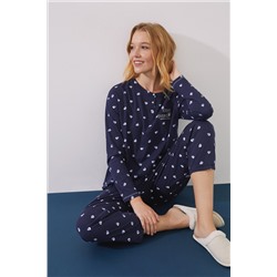 Pijama largo 100% algodón azul oscuro estampado corazones