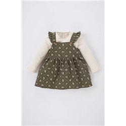 Defacto Kız Bebek Çiçekli Uzun Kollu Tişört Fitilli Kadife Elbise 2'li Takım B1331A523WN