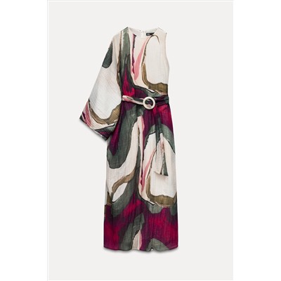 CREASED-EFFECT PRINTED ASYMMETRIC DRESS