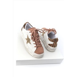 Marjin Kadın Sneaker Bağcıklı Pul Detay Kalın Taban Spor Ayakkabı Motez Altın 321012111-1