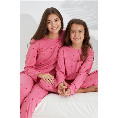 Siyah İnci pembe puan desenli Pamuklu Pijama Takımı 7693