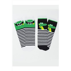 Denokids Kankalar Timsah Erkek Çocuk Siyah Yeşil Soket Çorap 2 Çift Takım CFF-19S1-007