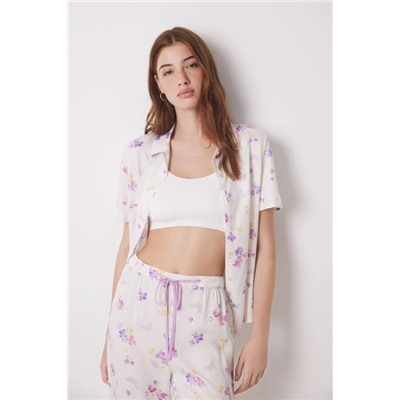 Pijama camisero soft touch blanco mariposas