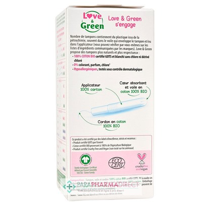 Love&Green Tampons Hypoallergéniques - 100% Coton BIO - Révolution - Normal x16