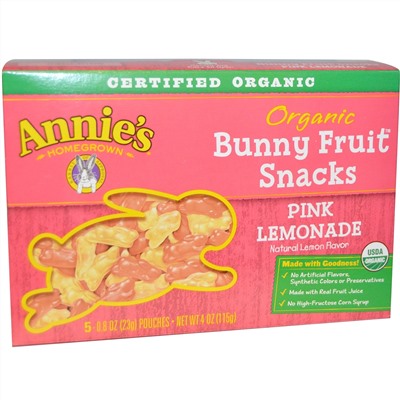 Annie's Homegrown, Organic Bunny Fruit Snack, Pink Lemonade, 5 Pouches, 0.8 oz (23 g)