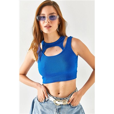 Olalook Kadın Saks Mavi Cut Out Detaylı Fitilli Crop Bluz BLZ-19002341