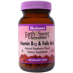 Bluebonnet Nutrition, EarthSweet, витамин B-12 и фолиевая кислота, натуральный малиновый ароматизатор, 180 жевательных таблеток