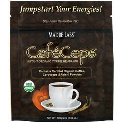 Madre Labs, CafeCeps, Растворимый органический кофе с грибами кордицепс и рейши, 3.52 oz (100 g)