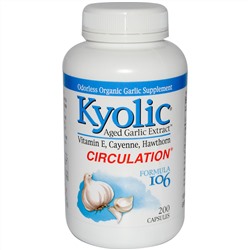 Wakunaga - Kyolic, Выдержанный экстракт чеснока, улучшение кровообращения, формула 106, 200 капсул