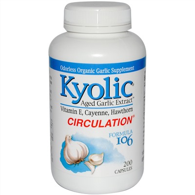 Wakunaga - Kyolic, Выдержанный экстракт чеснока, улучшение кровообращения, формула 106, 200 капсул