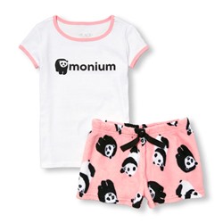 Girls Short Sleeve '(Panda)Monium' Top And Printed Fleece Shorts PJ Set
