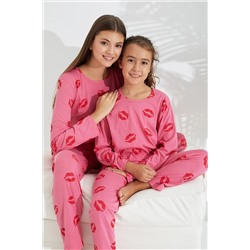 Siyah İnci pembe dudak desenli Pamuklu Pijama Takımı 7694