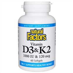 Natural Factors, Витамин D3 и K2, 60 гелевых капсул