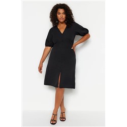 Trendyol Curve Siyah Düğmeli Yırtmaç Detaylı Dokuma Elbise TBBSS23AH00257