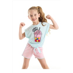 Denokids Sweet Milkshake Kız Çocuk Crop Top Mavi T-Shirt Pembe Şort Takım CFF-22Y1-003