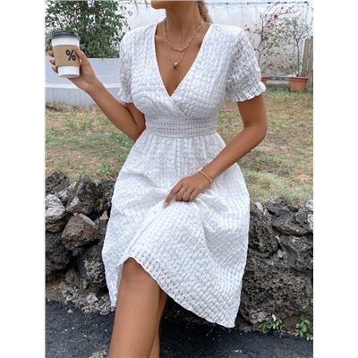 SHEIN LUNE Gingham Puff Sleeve Shirred Waist Dress