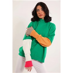 Julude Yeşil Kadın Balıkçı Yaka Renk Garnili Şardonlu Oversize Sweatshırt P-00001918