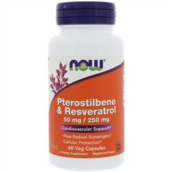 Now Foods, Pterostilbene & Resveratrol (птеростильбен и ресвератрол), 50 мг / 250 мг, 60 вегетарианских капсул