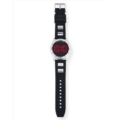 MEN'S BLACK RUBBER AND SILVER LINK LED WATCH