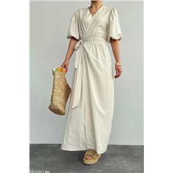 Liora Kadın Taş Rengi Kruvaze Yaka Belden Bağlama Detaylı Kuşaklı Ham Keten Elbise KKPE001