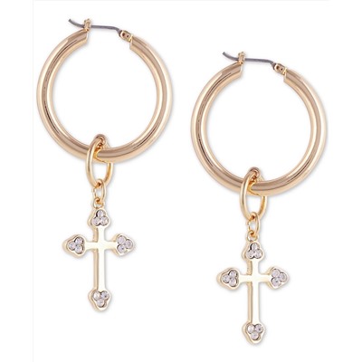 GUESS Medium Gold-Tone Crystal Cross Charm Hoop Earrings 1.5"