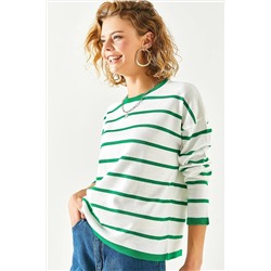 Olalook Kadın Beyaz Yeşil Renkli Yakalı Çizgili Triko Bluz BLZ-19002372