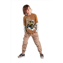 Mushi Jeep Mood Erkek Çocuk Kahverengi T-shirt Bej Gabardin Pantolon Takım MS-19S1-090